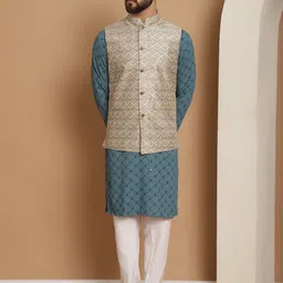 Anouk Embroidered Regular Thread Work Cotton Kurta With Churidar & Nehru Jacket-61
