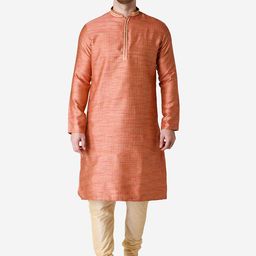 TABARD Men Coral Red & Beige Jacqard Plain Kurta with Churidar-image-41