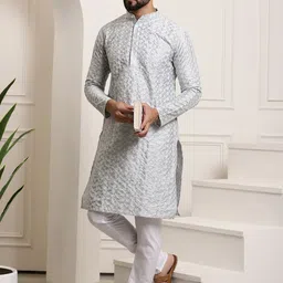 SOJANYA Men Blue & White Embroidered Kurta with Churidar-image-61