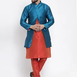 Kaifoo Men Orange & Blue Kurta Set With Jacket-image-85