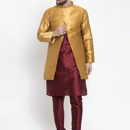 Kaifoo Men Maroon Layered Kurta with Churidar & With Jacket-64