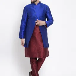 Kaifoo Men Maroon & Blue Layered Kurta with Churidar & Jacket-picture-7