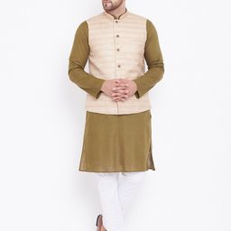 VASTRAMAY Men Olive Green Kurta with Pyjamas & Nehru Jacket-picture-13