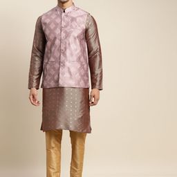 SOJANYA Men Grey Kurta with Churidar & Nehru Jacket-5