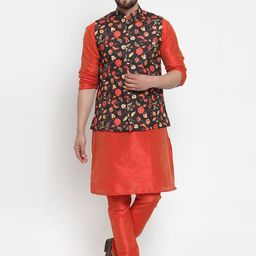 Kaifoo Men Orange Kurta with Churidar & Nehru Jacket-84