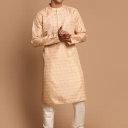 VASTRAMAY Men Pink Floral Angrakha Kurta with Churidar-image-67