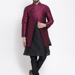 Kaifoo Men Black & Maroon Angrakha Kurta with Churidar-65