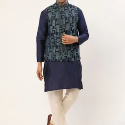 Jompers Men Blue Geometric Printed Kurta with Churidar & Nehru Jacket-image-32