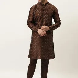 Hangup Men Brown Woven Design Regular Dupion Silk Kurta with Churidar-14