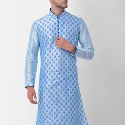 DEYANN Men Blue Printed Regular Dupion Silk Kurta with Churidar-image-62