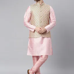 Hangup Men Pink Regular Dupion Silk Kurta with Churidar & With Nehru Jacket-picture-9
