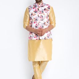Benstoke Men Gold-Toned Dupion Silk Kurta with Churidar and Printed Nehru Jacket-picture-5