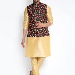 Benstoke Men Gold-Toned Dupion Silk Kurta with Churidar & Nehru Jacket-image-67