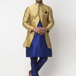 Benstoke Men Blue Dupion Silk Kurta with Churidar and Ethnic Jacket-image-37