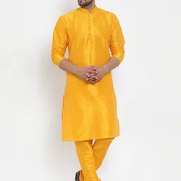 KRAFT INDIA Men Mustard Yellow Striped Pleated Dupion Silk Kurta with Churidar-picture-3