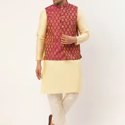 Jompers Men Pink & Cream-Coloured Kurta With Pyjamas & Nehru Jacket-8