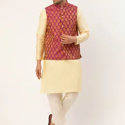 Jompers Men Cream-Coloured & White Kurta with Churidar & Nehru Jacket-picture-19