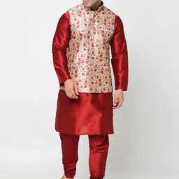 Kaifoo Men Maroon Kurta with Churidar & Nehru Jacket-88