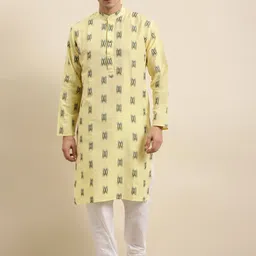 SOJANYA Men Yellow & White Woven Design Cotton Kurta with Churidar-image-50