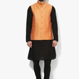 KISAH Men Yellow & Black Solid Kurta With Churidar & Jacket-19