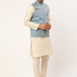 Jompers Men Cream-Coloured Kurta with Pyjamas & Nehru Jacket image 4