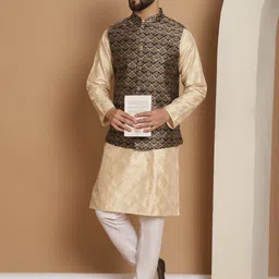 Anouk Men Geometric Embroidered Thread Work Regular Kurta With Churidar & Nehru Jacket image 5