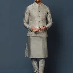 KISAH Mandarin Collar Kurta with Churidar & Woven Design Nehru Jacket-17