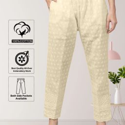 Women Regular Fit Cream Pure Cotton Trousers-image-8