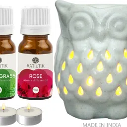 Lemongrass, Rose Aroma oil with Owl Shape Tlight Candle Aroma Diffuser Set-108