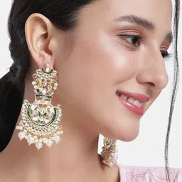 Peora Green & Gold-Toned Classic Stone Studded & Beaded Chandbalis Earrings-image-54