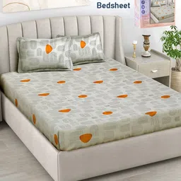 FABINALIV Beige & Green Geometric 300 TC King Bedsheet with 2 Pillow Covers-image-55