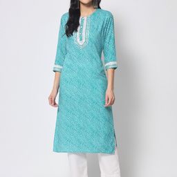 KALINI Leheriya Printed Gotta Patti Round Neck Pure Cotton Straight Kurta-image-15
