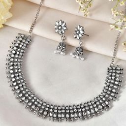 Anouk Oxidized Silver-Plated Stone Studded & Beaded Jewellery Set-1