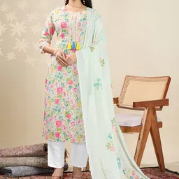 Rekha Maniyar Floral Printed Round Neck Muslin Straight Kurta With Trousers & Dupatta-35