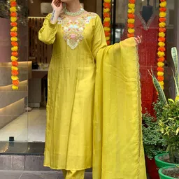 Moda Rapido Floral Embroidered V-Neck Chanderi Silk Kurta With Trousers & Dupatta-picture-32