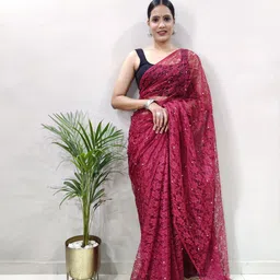 Rangtulika Ethnics Floral Beads and Stones Net Saree-picture-5