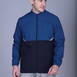 Roadster Men Navy Blue Mock Collar Colourblocked Polyester Open Front Windcheater Jacket-picture-14