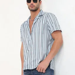 SHOWOFF Men Comfort Relaxed Fit Cuban Collar Vertical Striped Cotton Casual Shirt-image-70