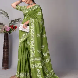 BAPS Pure Cotton Block Print Saree With Blouse Piece-1
