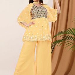 PARROT CREATION Floral Embroidered V-Neck Sequinned A-Line Kurti With Palazzo And Cape-image-20