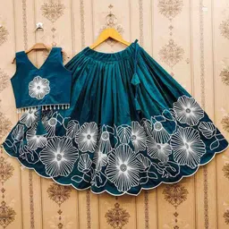 DHRUV CREATION Girls Floral Embroidered Thread Work Silk Ready to Wear Lehenga & Choli-picture-41