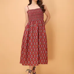 OBSHIVKA Fusion Chic Women Paisley Printed Smocked Shoulder Straps Fit & Flare Maxi Dress-image-48