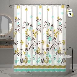 Aura 3-Pcs White & Mustard Leaf Printed Waterproof ShowerCurtainWithHooks-32