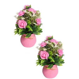 PROKART Pink & Green 2 Pieces Rose Artificial Flowers With Pot-picture-30