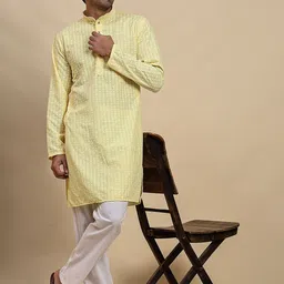 Pro-Ethic STYLE DEVELOPER Men Ethnic Motifs Embroidered Angrakha Sequinned Pure Cotton Kurta with Pyjamas-image-97