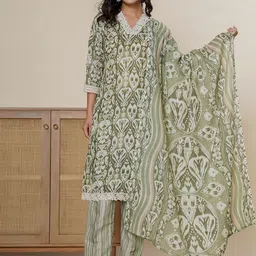 INDYES Women Floral Printed Cotton Kurta with Trousers & Dupatta-image-32