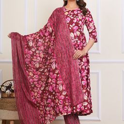 PRIYAGANI GARMENTS Floral Printed Pure Cotton Anarkali Kurta with Trousers & Dupatta-image-18