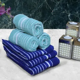 Aura 6-Pcs Blue & White Striped Pure Cotton Super Absorbent & Quick Dry Hand Towels-30