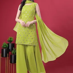 PARROT CREATION Geometric Embroidered Sequinned Georgette Kurti with Sharara And Dupatta-14