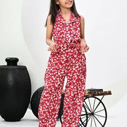 JAANYA Girls Floral Printed Lapel Collar Crop Top With Trousers-image-23